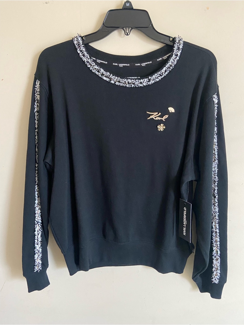 Karl Lagerfeld Black Sweatshirt with Tweed-Trim Accents and Gold Details Sz.S